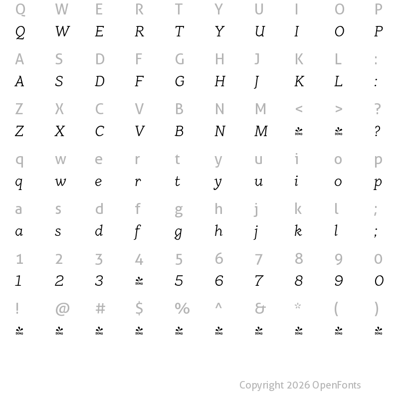 Character Map of FONTSPRING DEMO - Range Serif Lt Regular