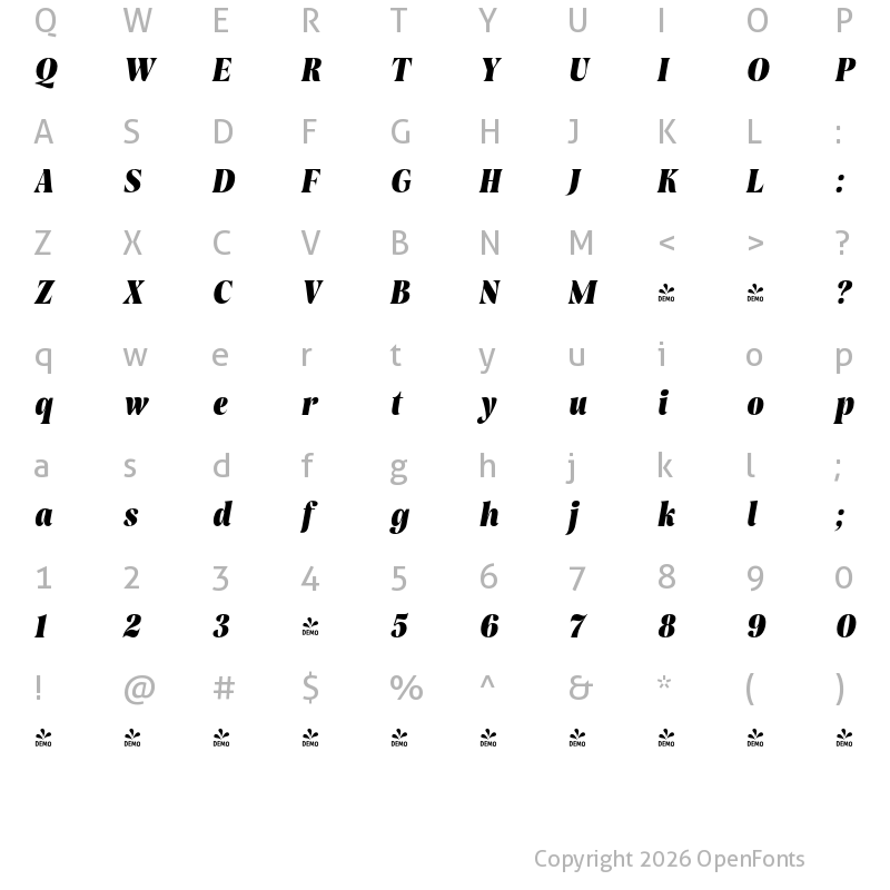 Character Map of FONTSPRING DEMO - Rasbern Black Italic