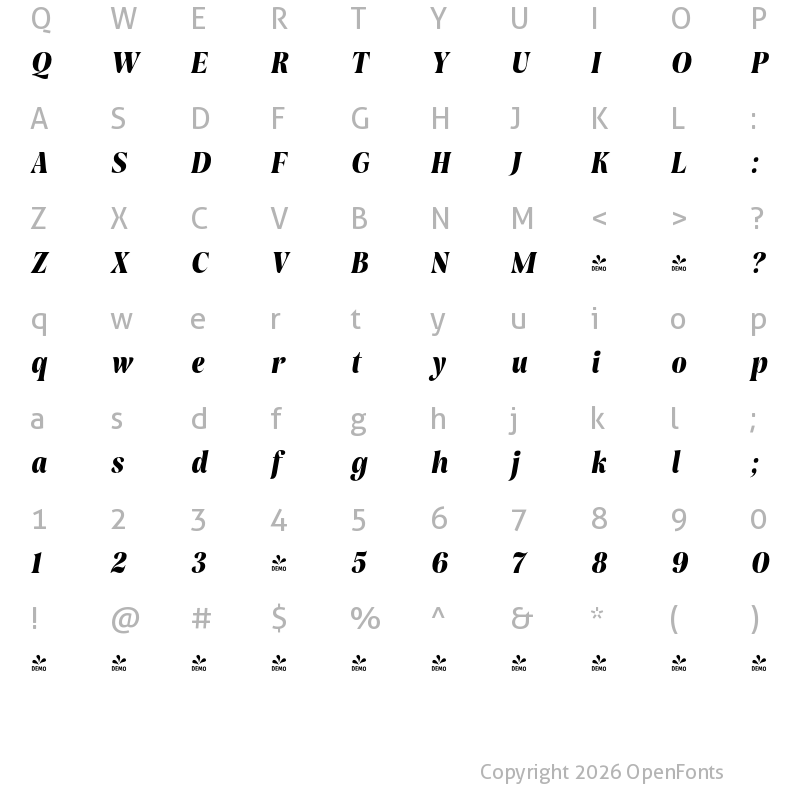 Character Map of FONTSPRING DEMO - Rasbern ExtBd Italic
