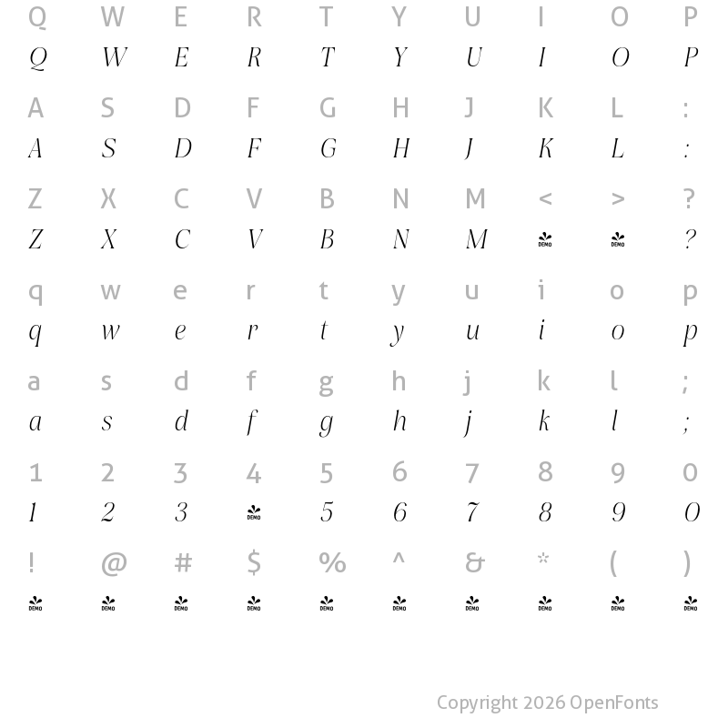 Character Map of FONTSPRING DEMO - Rasbern Light Italic