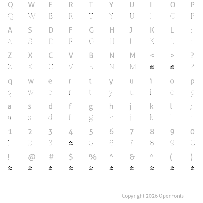 Character Map of FONTSPRING DEMO - Rasbern Thin Regular