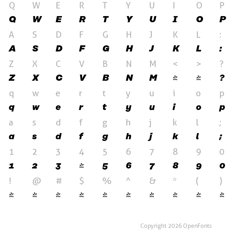 Character Map of FONTSPRING DEMO - Rational Text ExtraBold Italic