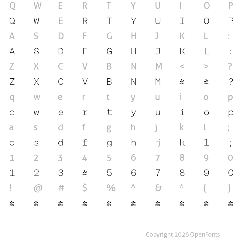 Character Map of FONTSPRING DEMO - Rational TW Display ExtraLight Regular