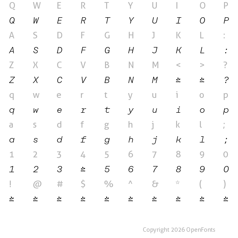 Character Map of FONTSPRING DEMO - Rational TW Display Light Italic