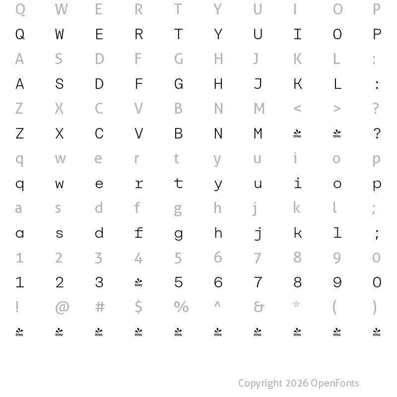 Character Map of FONTSPRING DEMO - Rational TW Display Light Regular