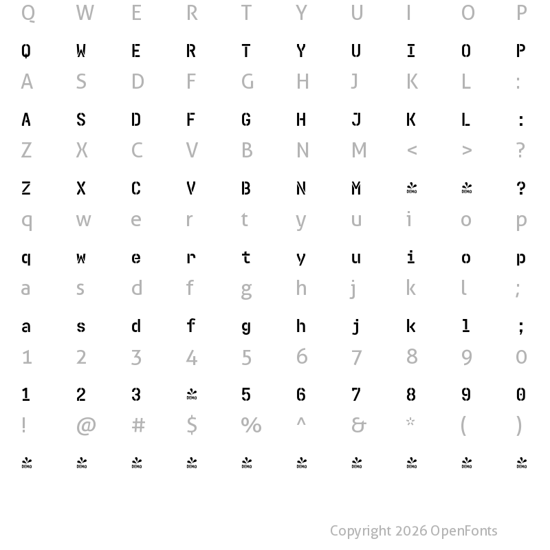 Character Map of FONTSPRING DEMO - Realtime Stencil Bold Regular