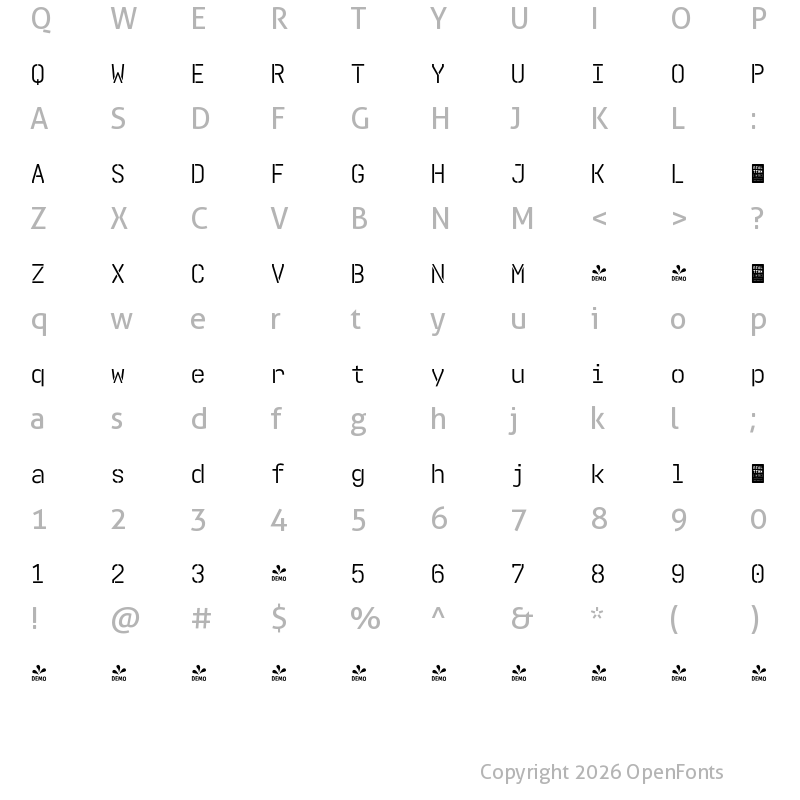 Character Map of FONTSPRING DEMO - Realtime Stencil DEMO Regular