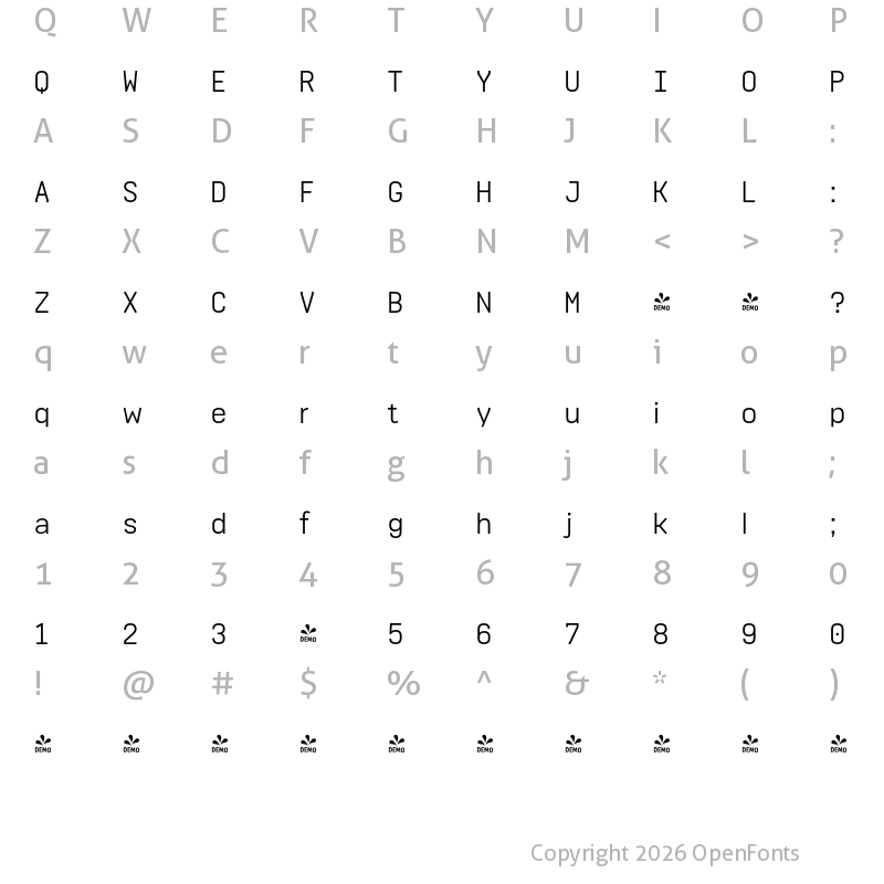 Character Map of FONTSPRING DEMO - Realtime Text Regular