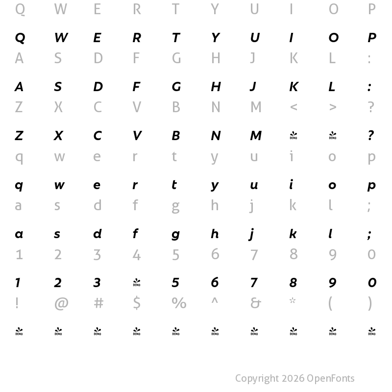 Character Map of FONTSPRING DEMO - Rebrand Txt Bold it Regular