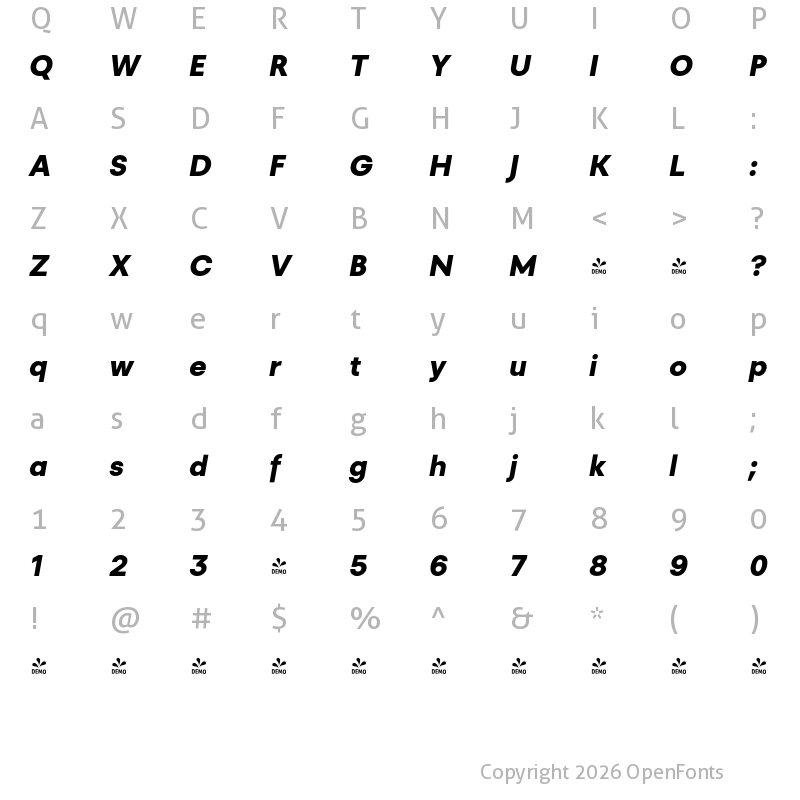 Character Map of FONTSPRING DEMO - Recht ExtBd Italic