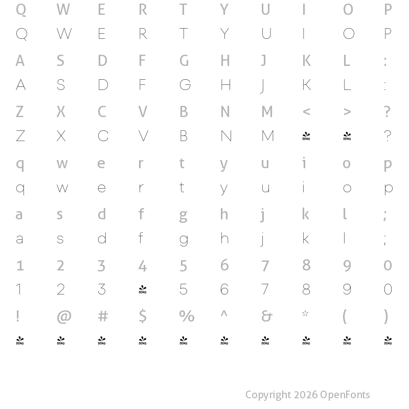 Character Map of FONTSPRING DEMO - Recht Thin Regular