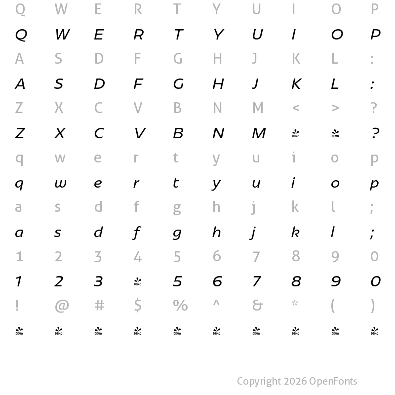 Character Map of FONTSPRING DEMO - Redonda Italic