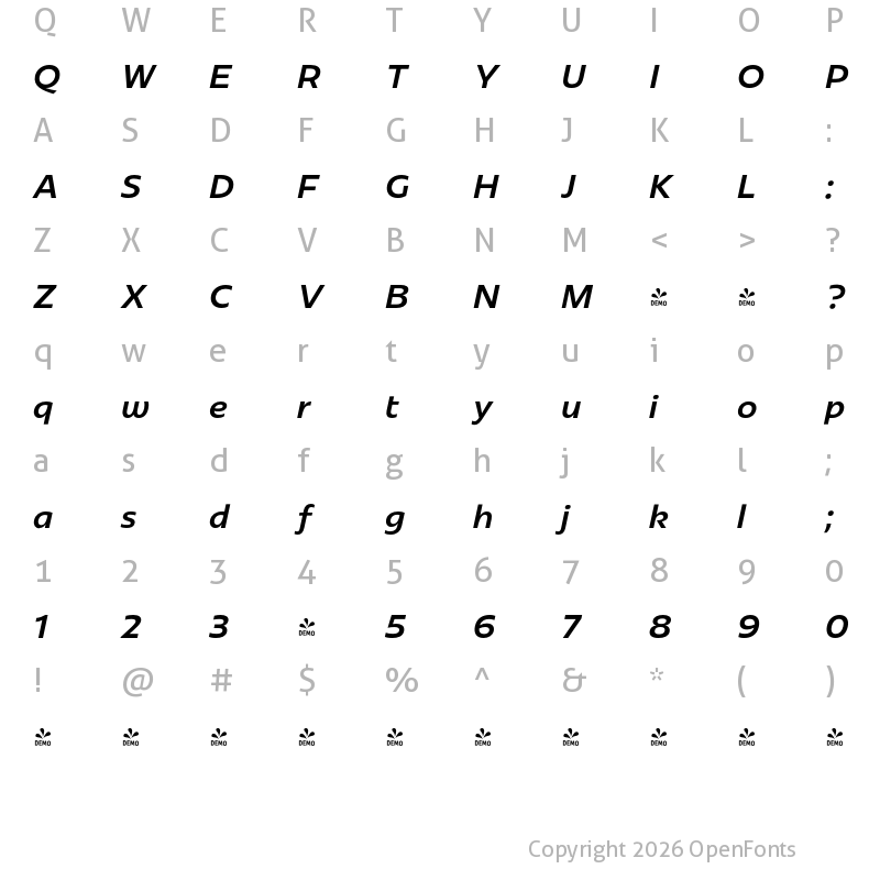 Character Map of FONTSPRING DEMO - Redonda Medium Italic Regular