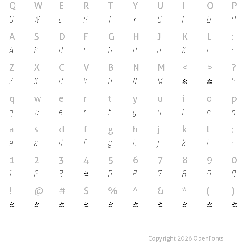 Character Map of FONTSPRING DEMO - Refinery 35 Hairline Italic Regular