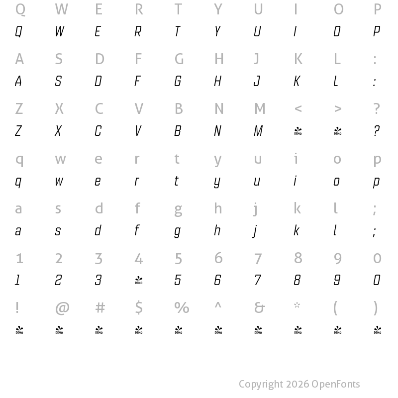 Character Map of FONTSPRING DEMO - Refinery 35 Italic Regular