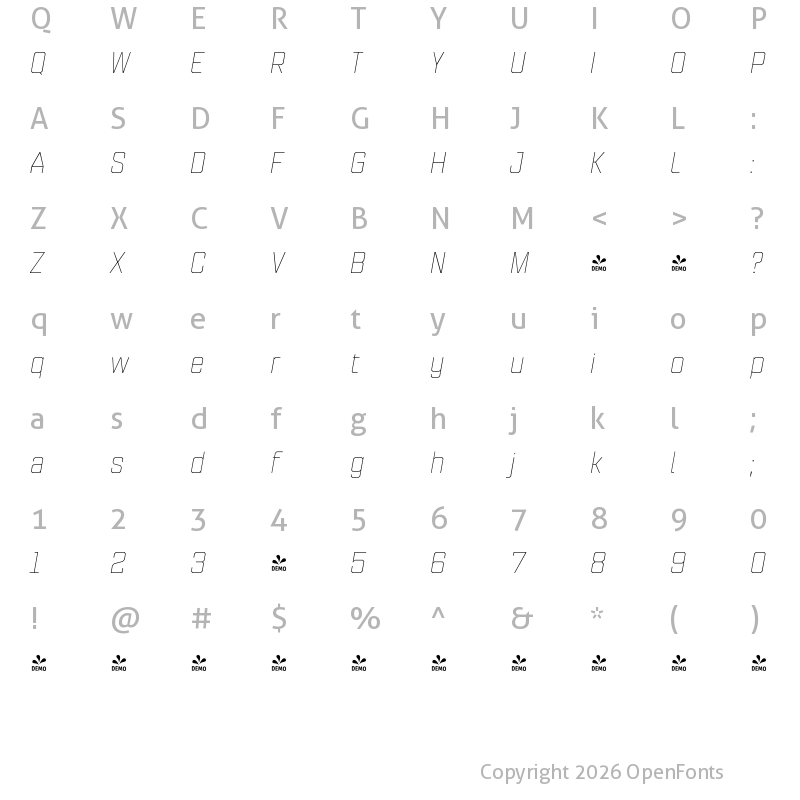 Character Map of FONTSPRING DEMO - Refinery 55 Hairline Italic Regular
