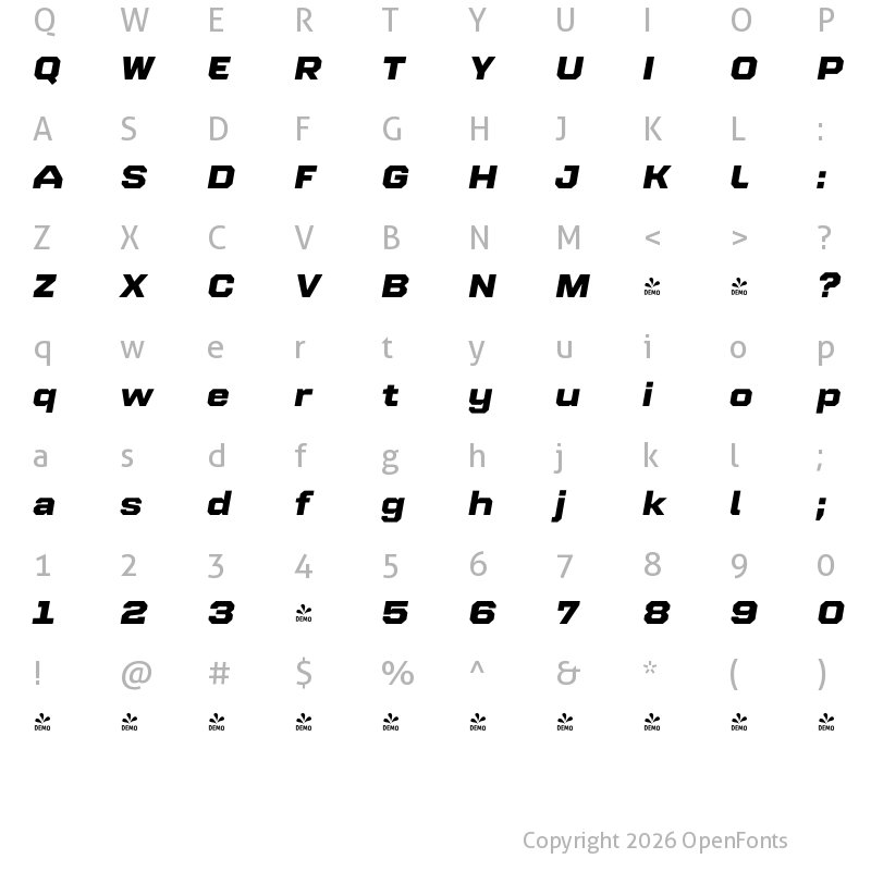 Character Map of FONTSPRING DEMO - Refinery 95 Black Italic Regular