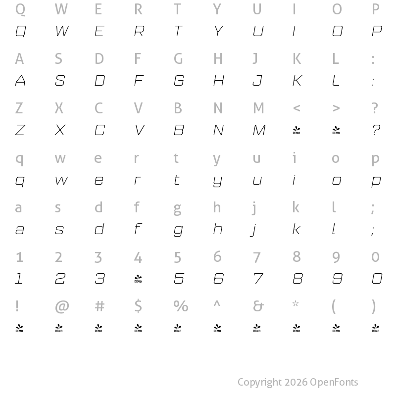 Character Map of FONTSPRING DEMO - Refinery 95 Light Italic Regular