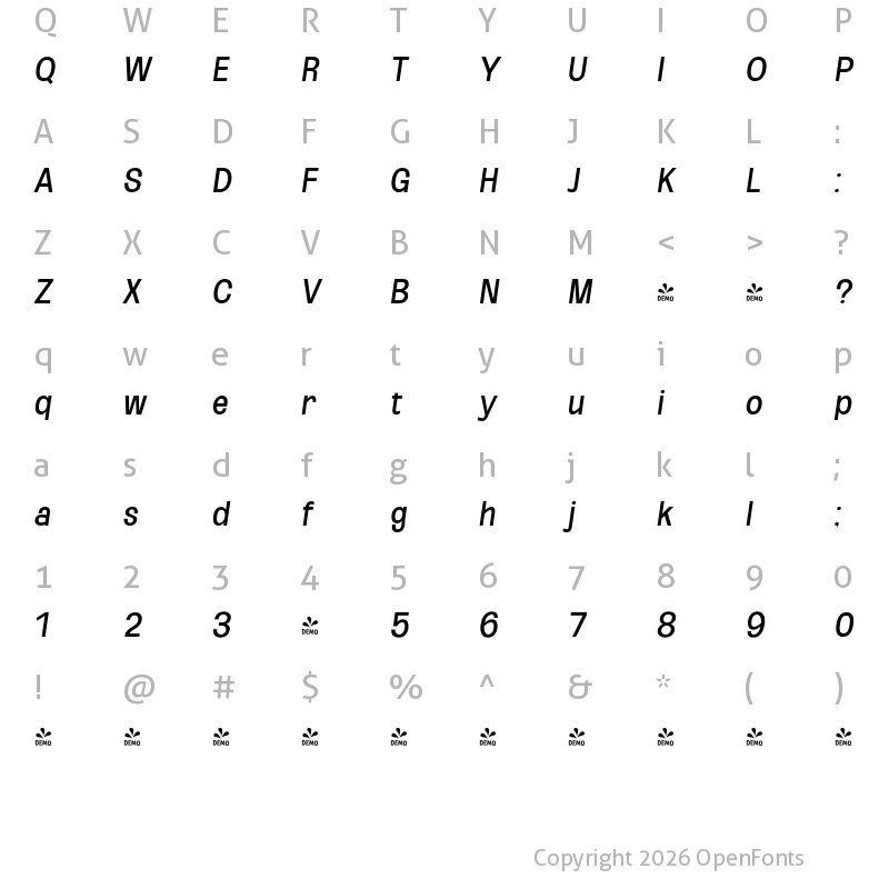 Character Map of FONTSPRING DEMO - Reg ExtCond Obli Italic