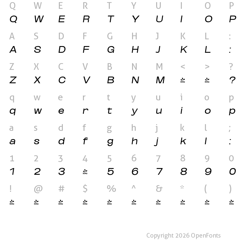 Character Map of FONTSPRING DEMO - Reg ExtExp Obli Italic