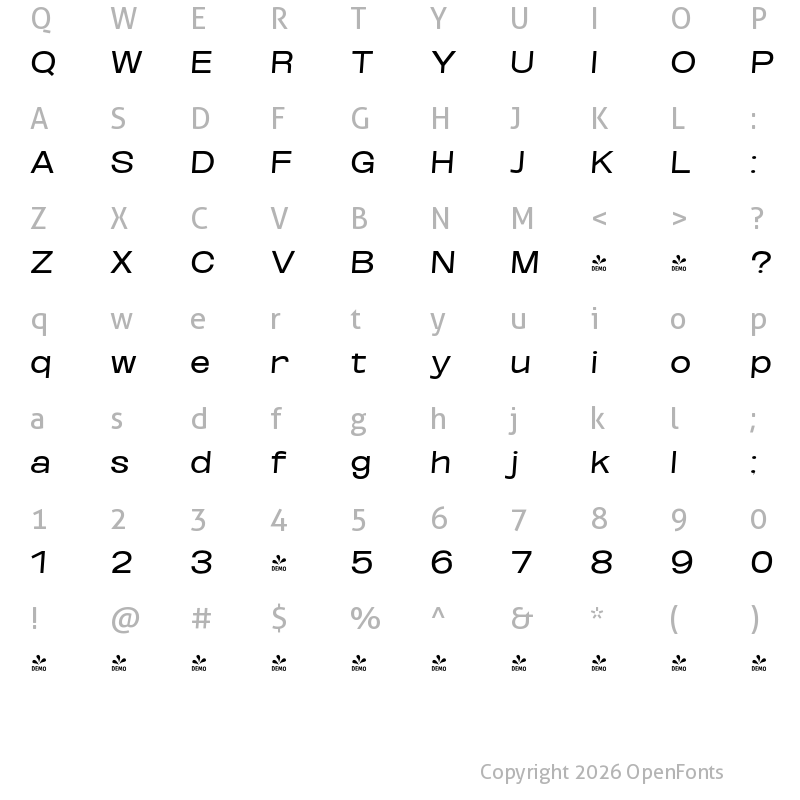 Character Map of FONTSPRING DEMO - Reg ExtExp SeObli Italic