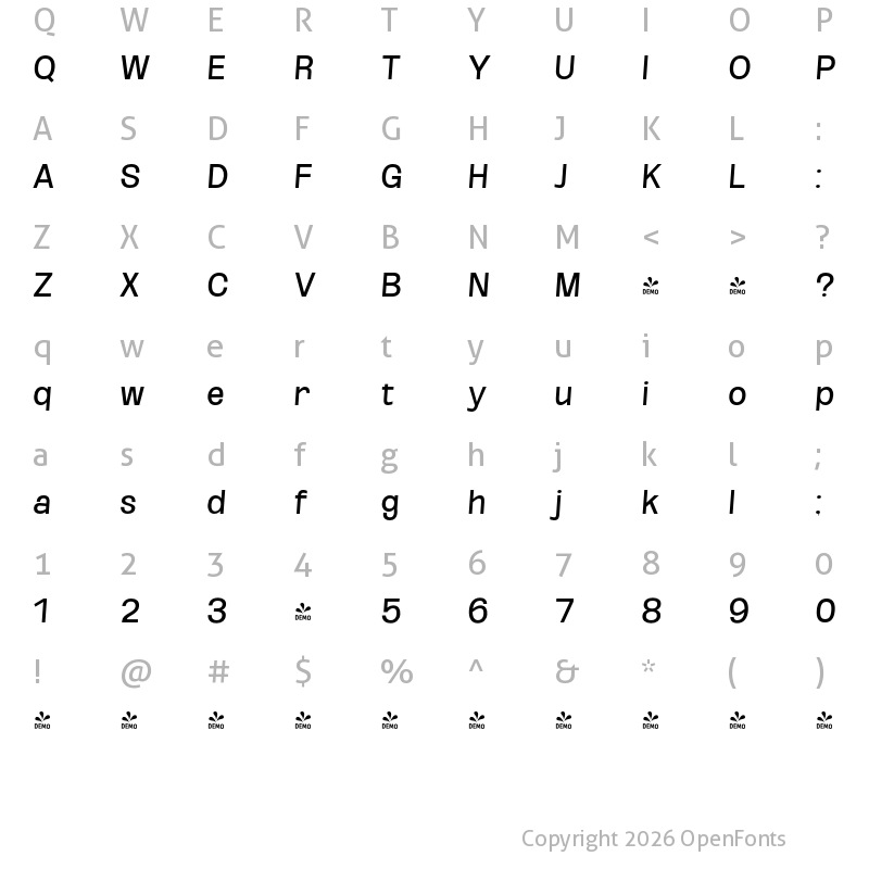Character Map of FONTSPRING DEMO - Reg SemCond SeObli Italic