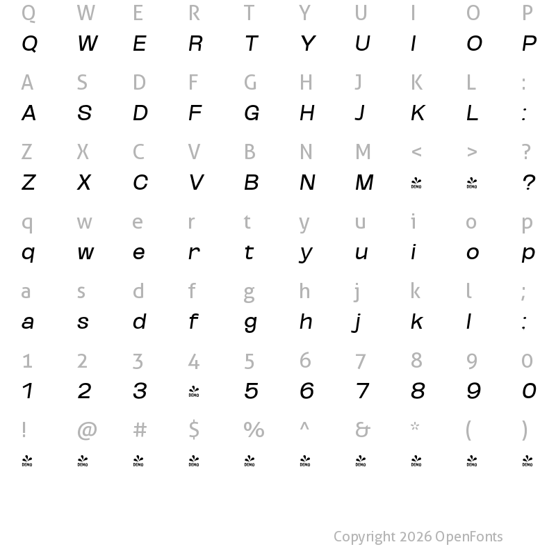Character Map of FONTSPRING DEMO - Reg SemExp Obli Italic