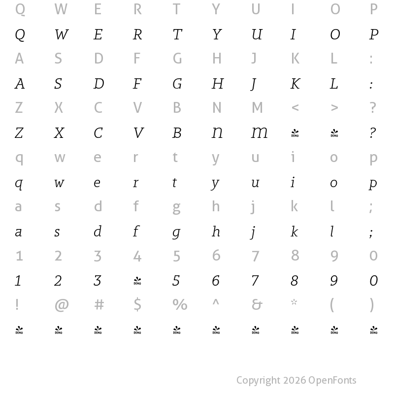 Character Map of FONTSPRING DEMO - Regime Light Italic