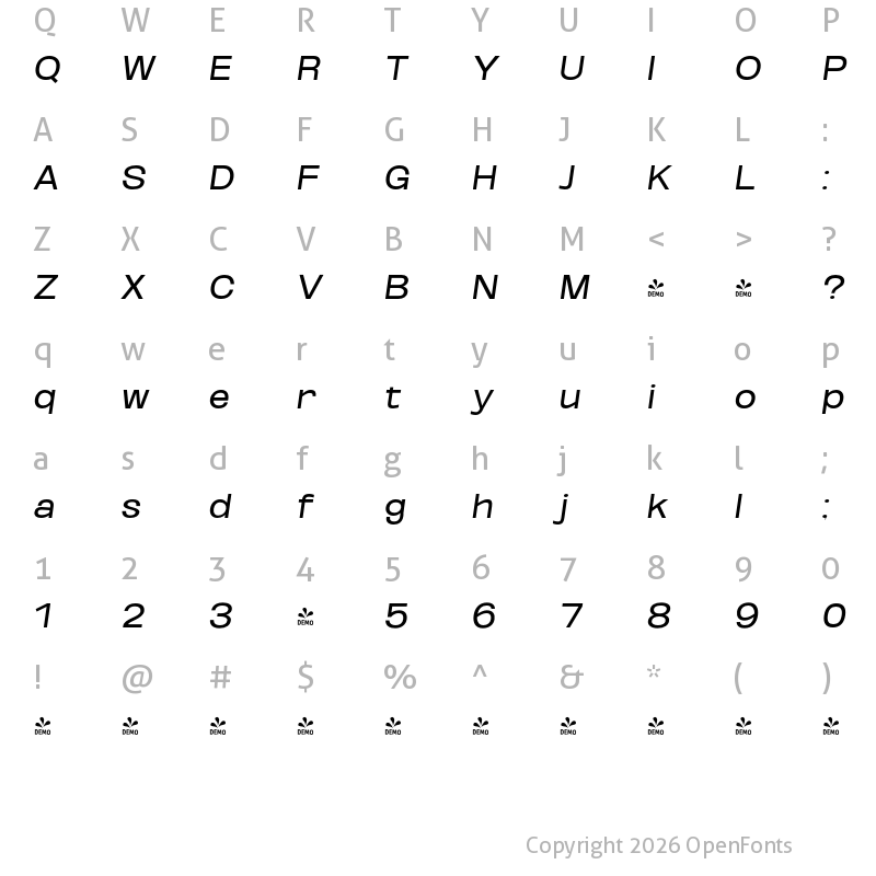 Character Map of FONTSPRING DEMO - Regular Exp Obli Italic