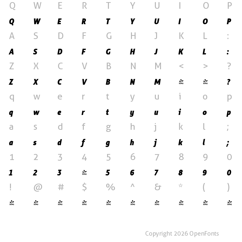 Character Map of FONTSPRING DEMO - Rehn Condensed ExtraBold Italic