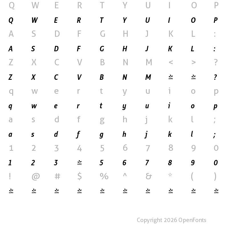 Character Map of FONTSPRING DEMO - Rehn Condensed Medium Italic