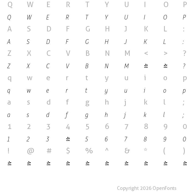 Character Map of FONTSPRING DEMO - Rehn Condensed Thin Italic