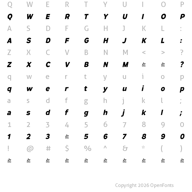 Character Map of FONTSPRING DEMO - Remissis Rg Bold Italic