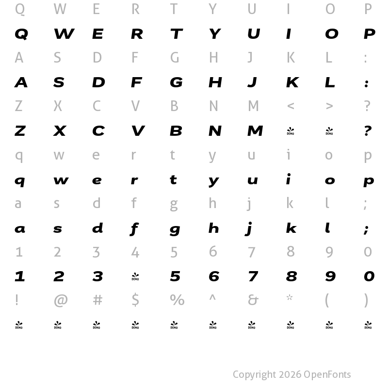 Character Map of FONTSPRING DEMO - Remora Corp W5 Bold Italic Italic