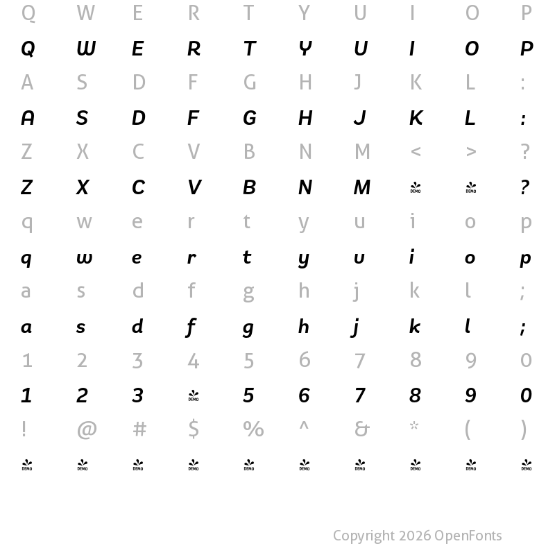 Character Map of FONTSPRING DEMO - Remora Sans W2 Demi Italic Italic