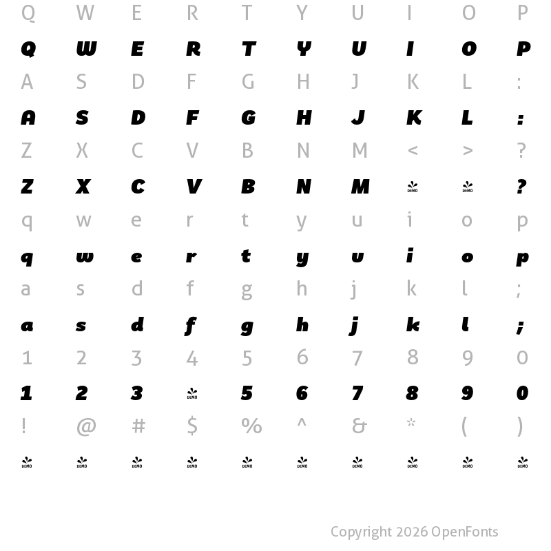 Character Map of FONTSPRING DEMO - Remora Sans W2 Ultra Italic Italic