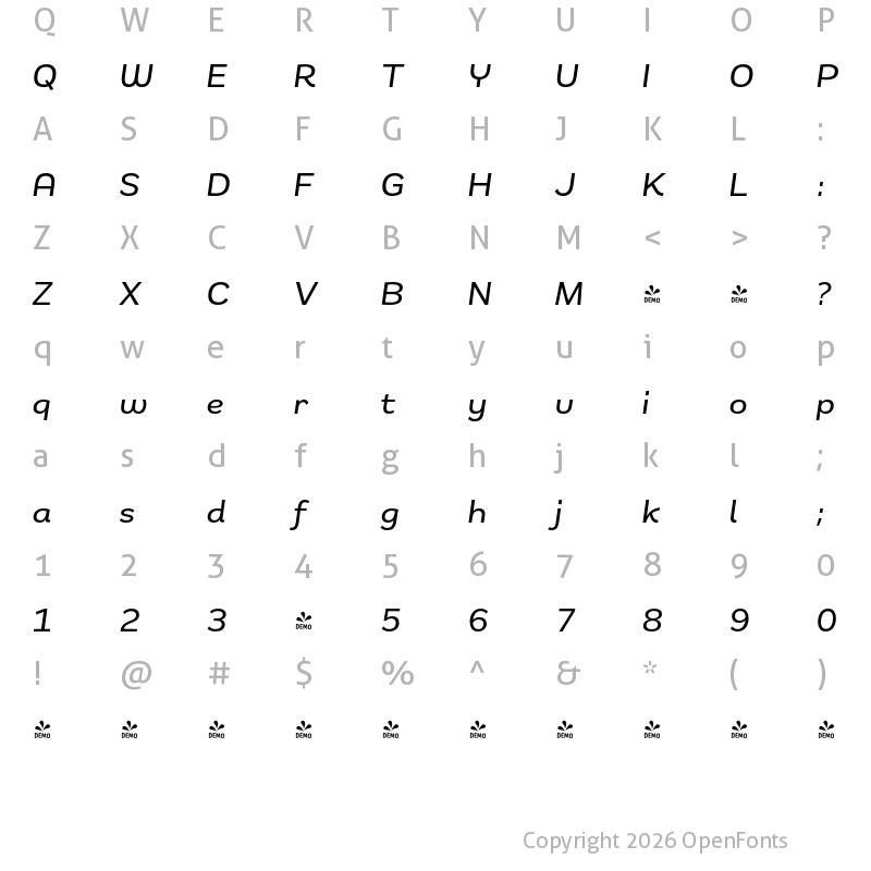 Character Map of FONTSPRING DEMO - Remora Sans W3 Medium Italic Italic