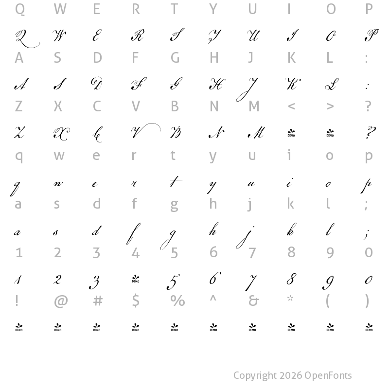 Character Map of FONTSPRING DEMO - Remsen Script Regular