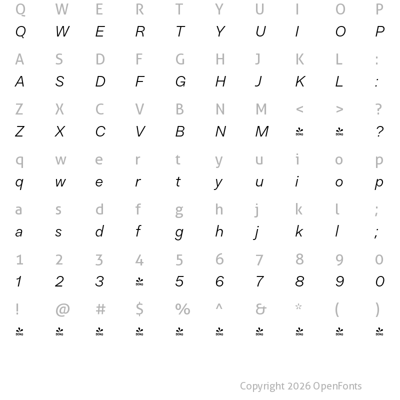 Character Map of FONTSPRING DEMO - Resist Display Light Italic
