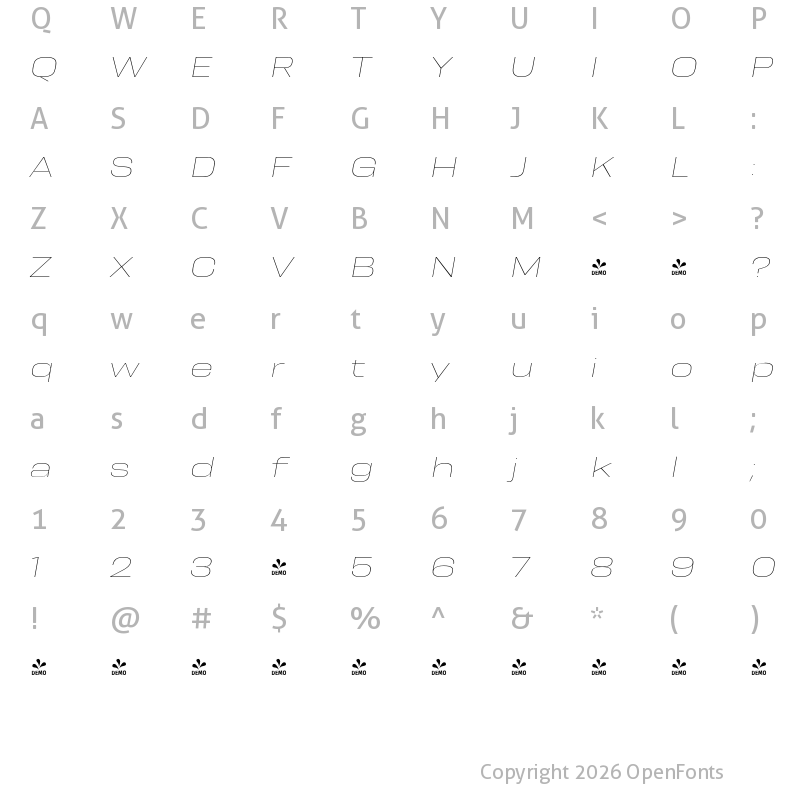 Character Map of FONTSPRING DEMO - Resolve Sans Ultralight Wd Ita Regular