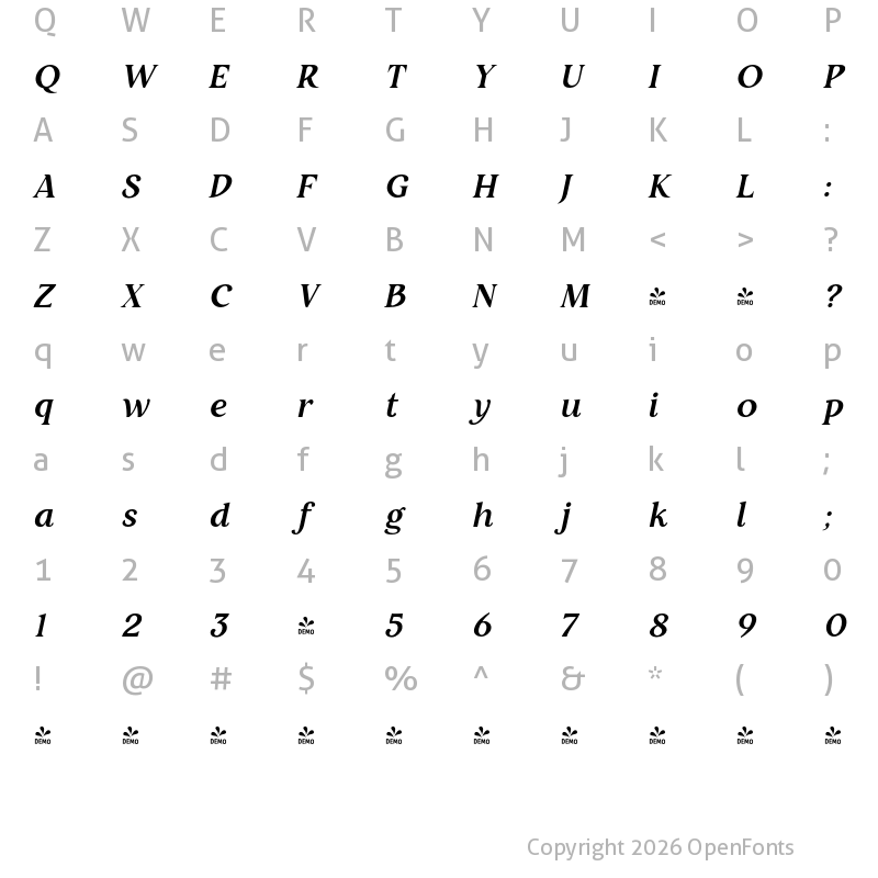 Character Map of FONTSPRING DEMO - Restora Bold Italic Regular