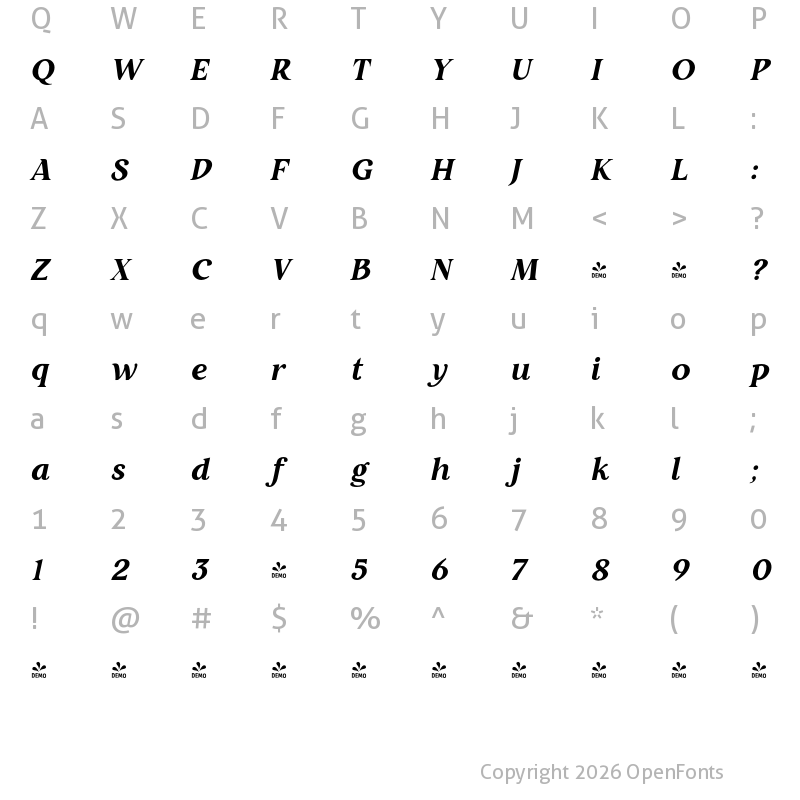 Character Map of FONTSPRING DEMO - Restora ExtraBold Italic Regular