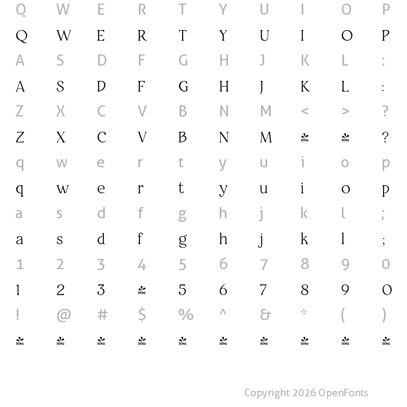 Character Map of FONTSPRING DEMO - Restora ExtraLight Regular