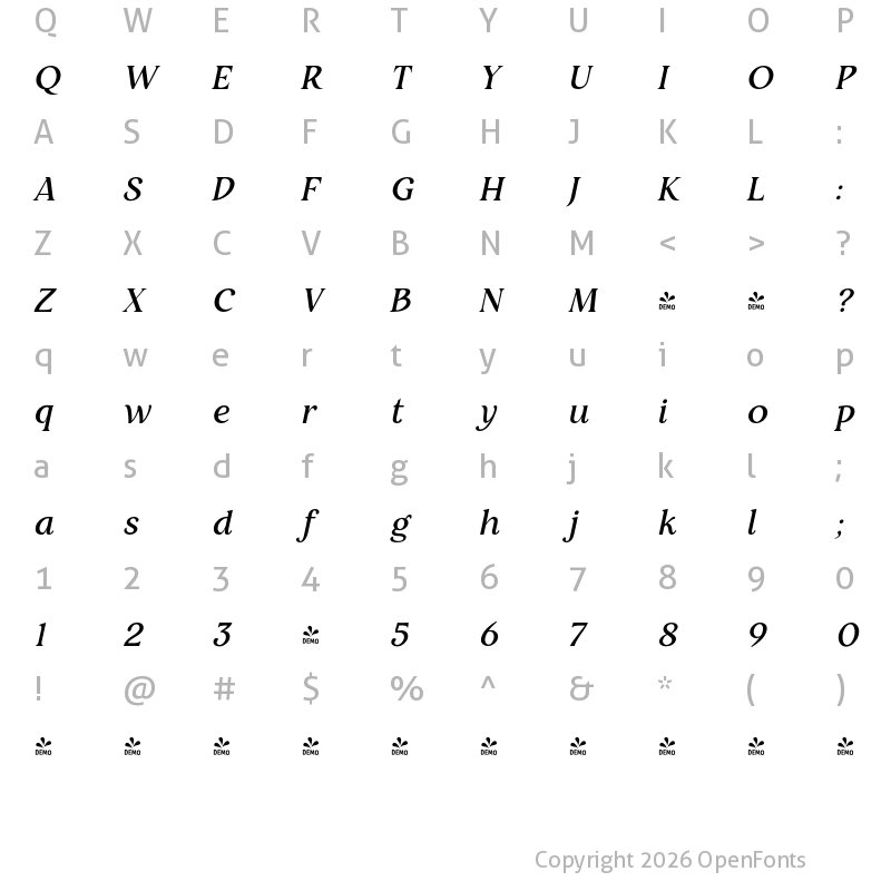 Character Map of FONTSPRING DEMO - Restora Medium Italic Regular