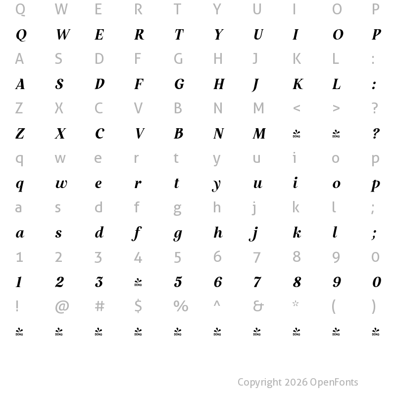 Character Map of FONTSPRING DEMO - Restora Neue Bold Italic