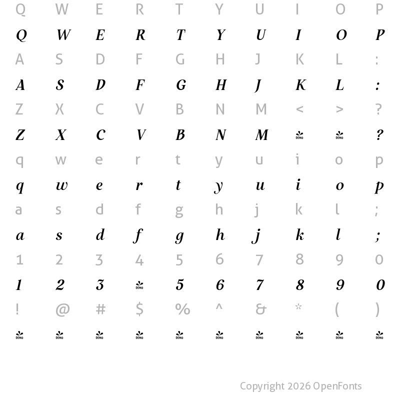 Character Map of FONTSPRING DEMO - Restora Neue SemBd Italic