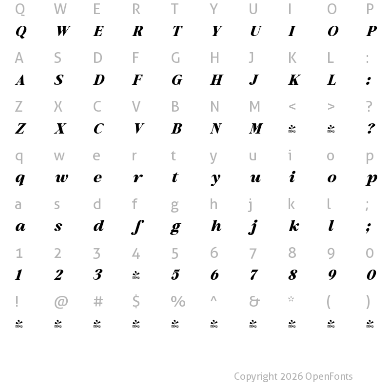 Character Map of FONTSPRING DEMO - Results Letter  Black Italic