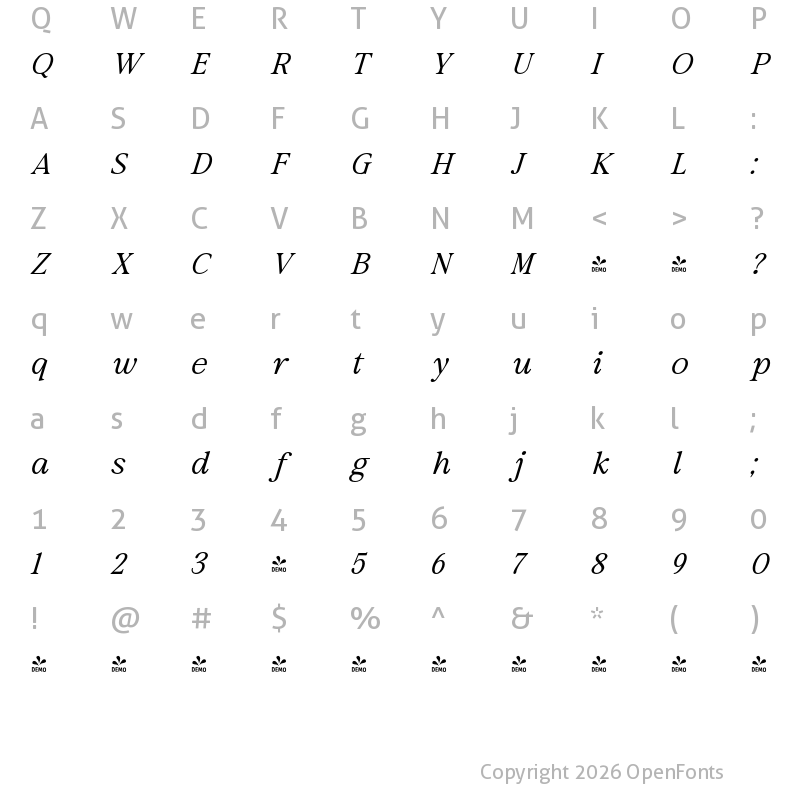 Character Map of FONTSPRING DEMO - Results Letter  ExtLt Italic