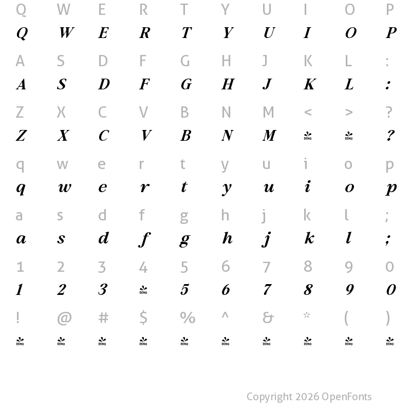 Character Map of FONTSPRING DEMO - Results Letter  SemBd Italic
