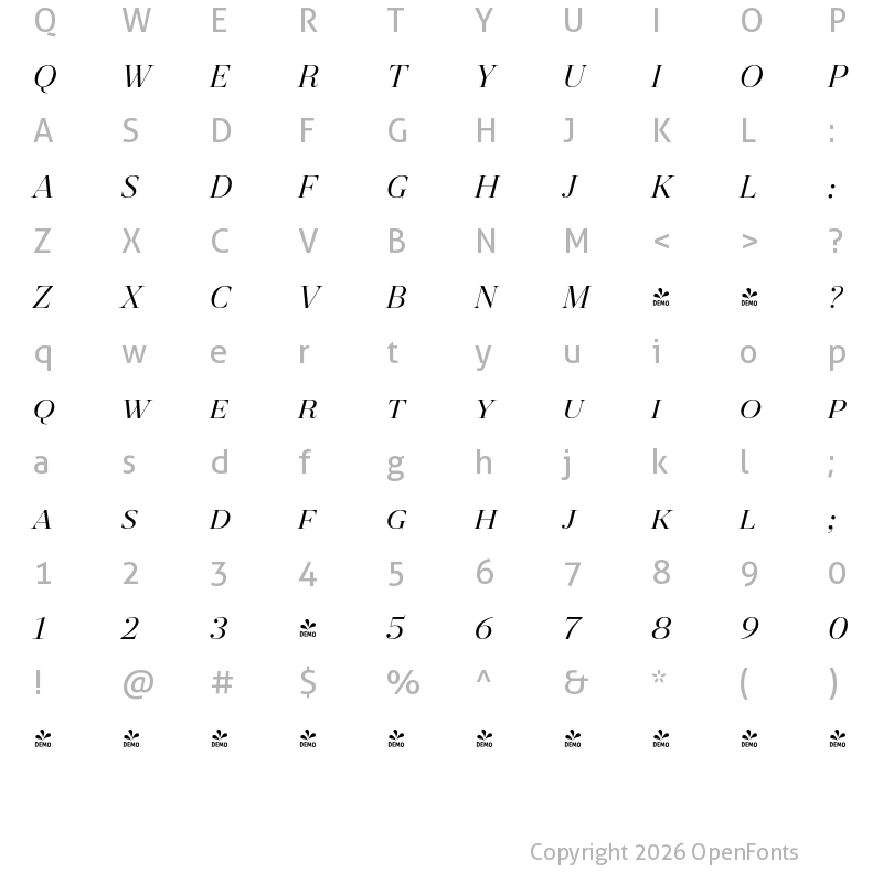 Character Map of FONTSPRING DEMO - Revista Italic